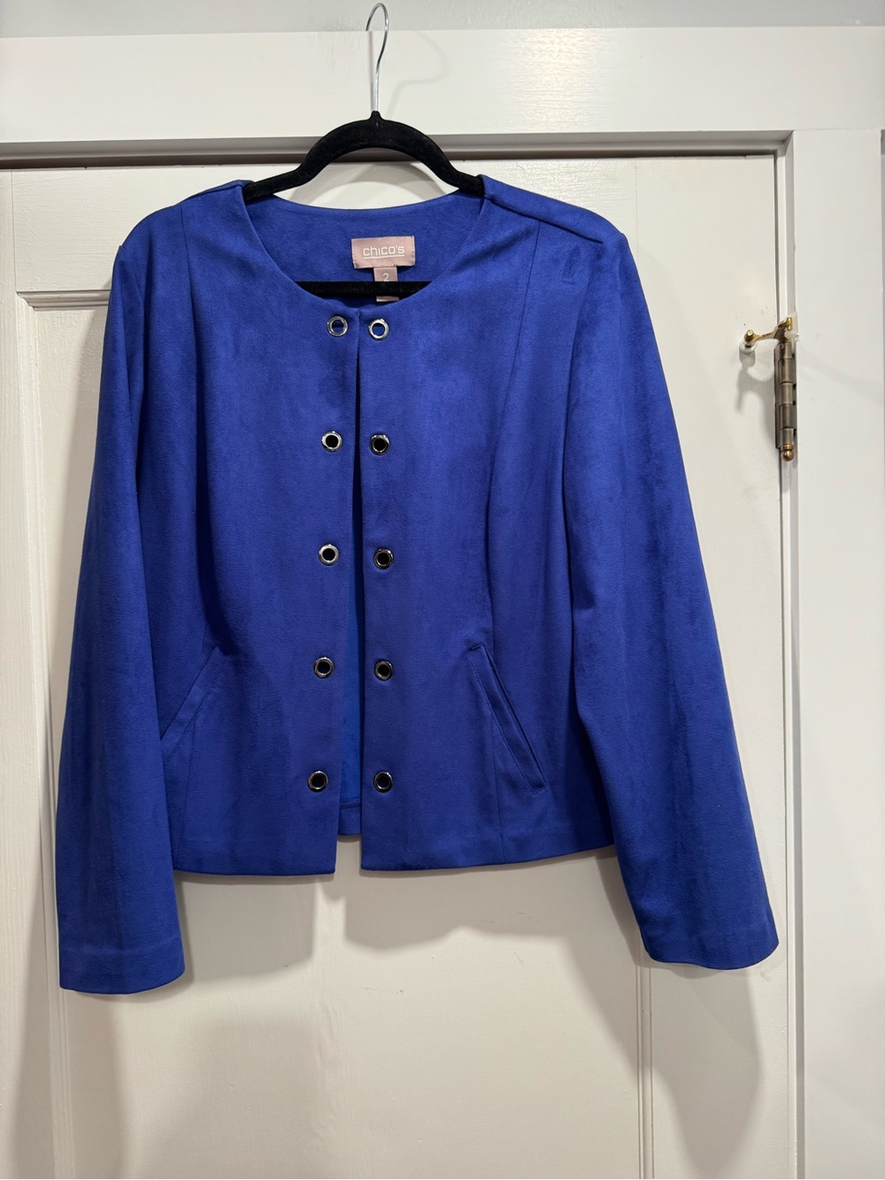 Chicos Suede like blue jacket‎ metal grommet Large Career Office Modern Classic